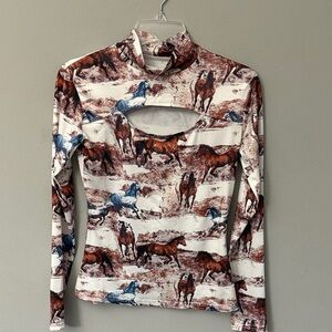 Equestrian Print Cutout Turtleneck Shirt Size Small
